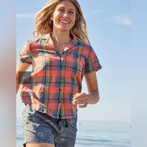 Toad & Co Camp Cove Short Sleeve Blouse in Begonia Plaid Size S NWT